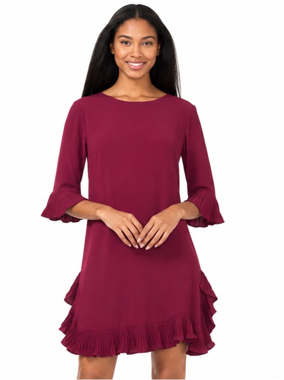 MSK Burgundy Pleated Ruffle Hem Shift Dress 3/4 Sleeve Petite 4P NWT